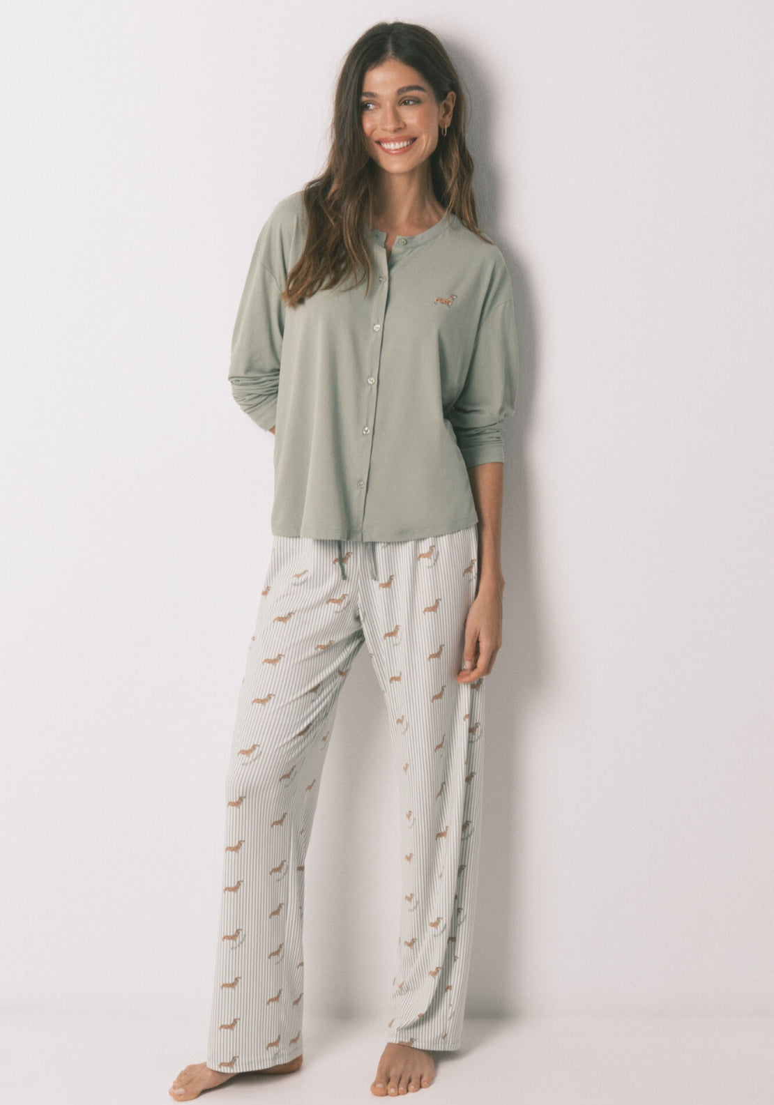 Soft Jersey-Knit Dog-Print Long Pyjamas - Green