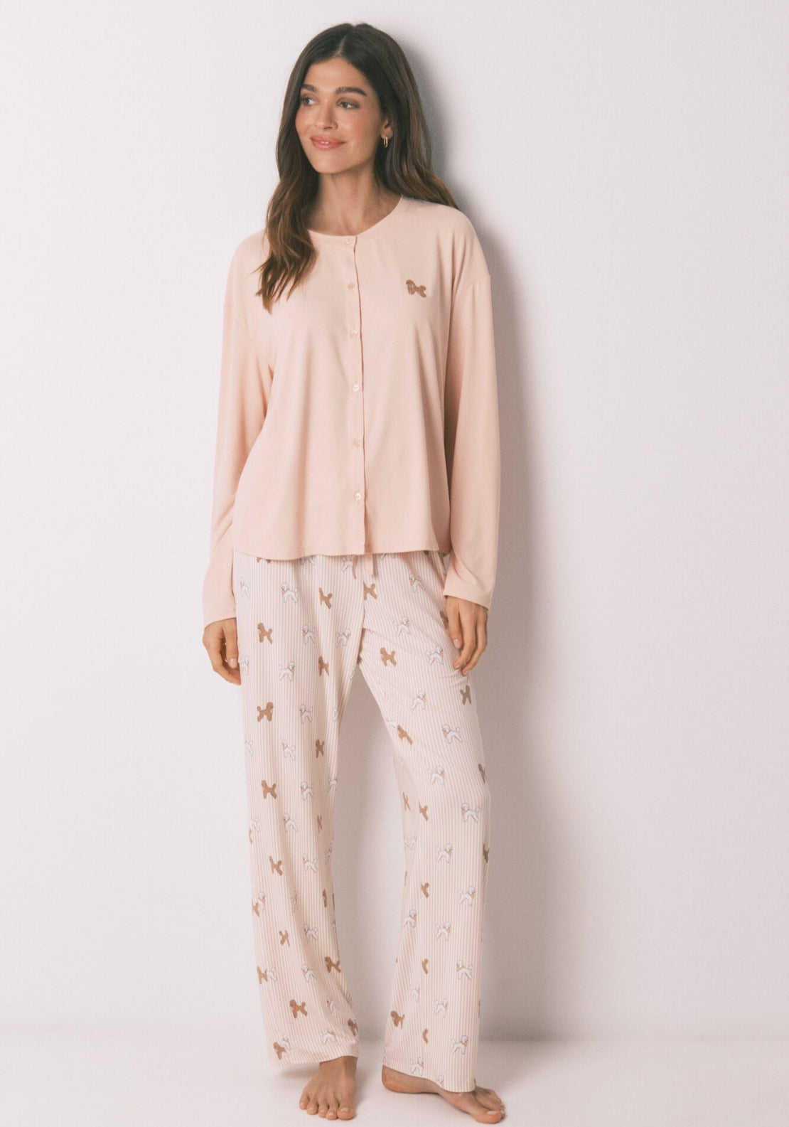 Soft Knit Dog Print Long Pyjamas - Orange