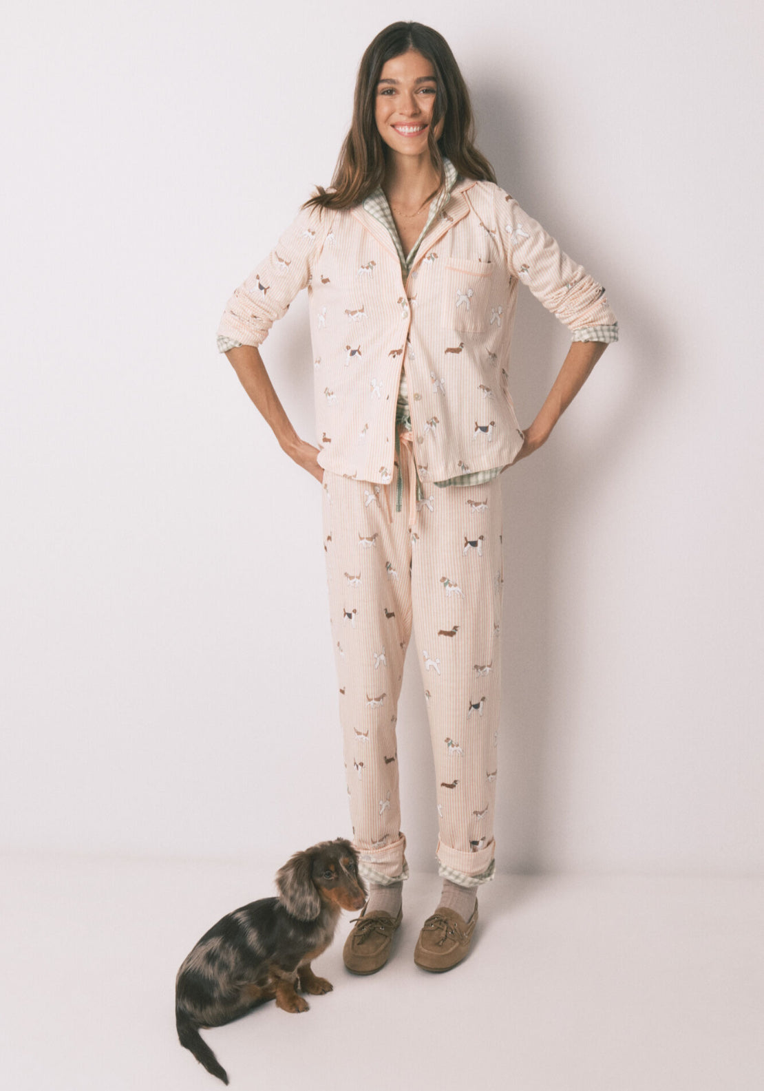100% Cotton Classic Long Striped Dog Print Pyjamas - Orange