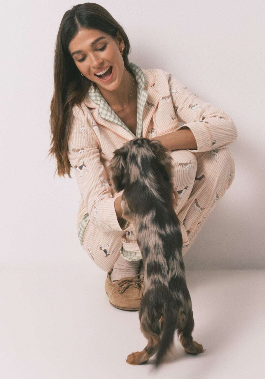 100% Cotton Classic Long Striped Dog Print Pyjamas - Orange