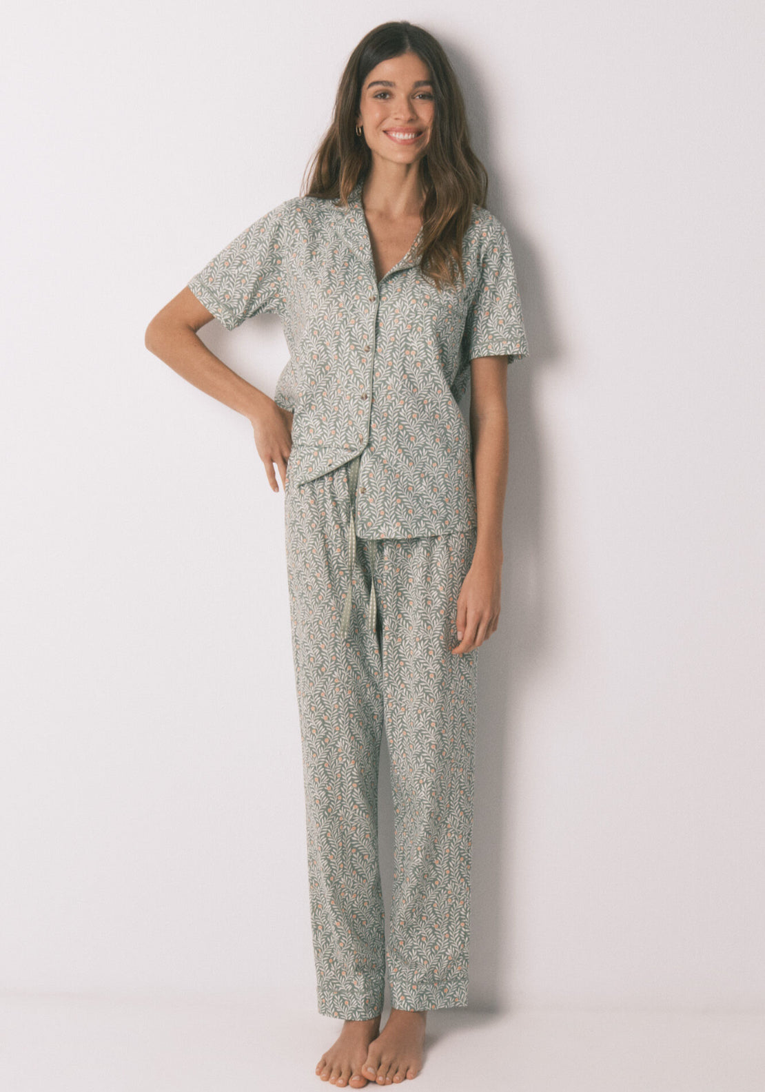 100% Cotton Floral Print Classic Pyjamas - Green