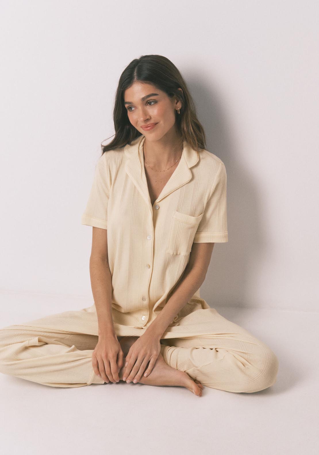 Ribbed Cotton Classic Pyjamas - Ivory