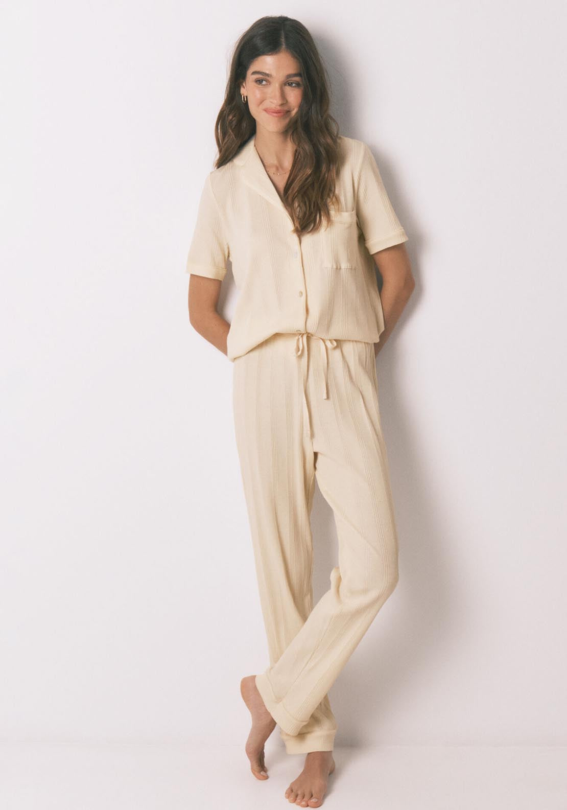 Ribbed Cotton Classic Pyjamas - Ivory