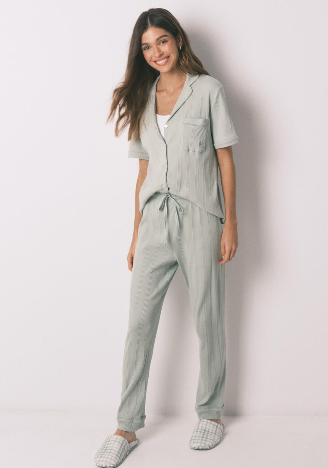 Ribbed Cotton Classic Pyjamas - Green