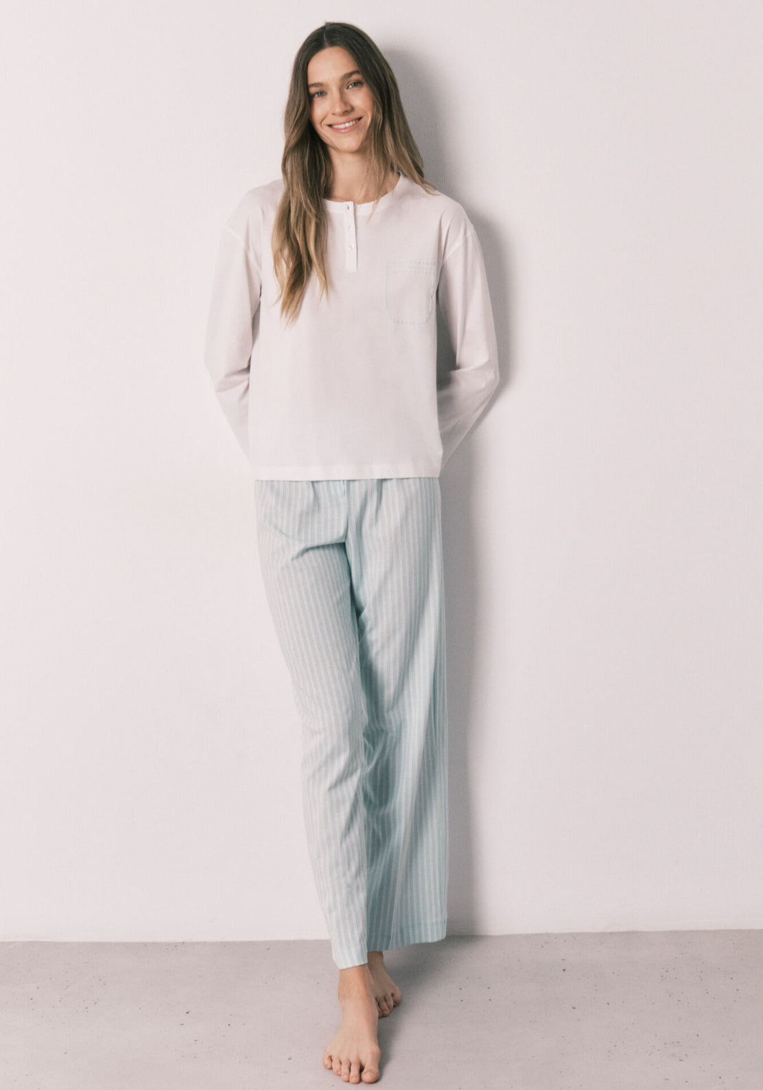 Striped Cotton Long Pyjamas - White