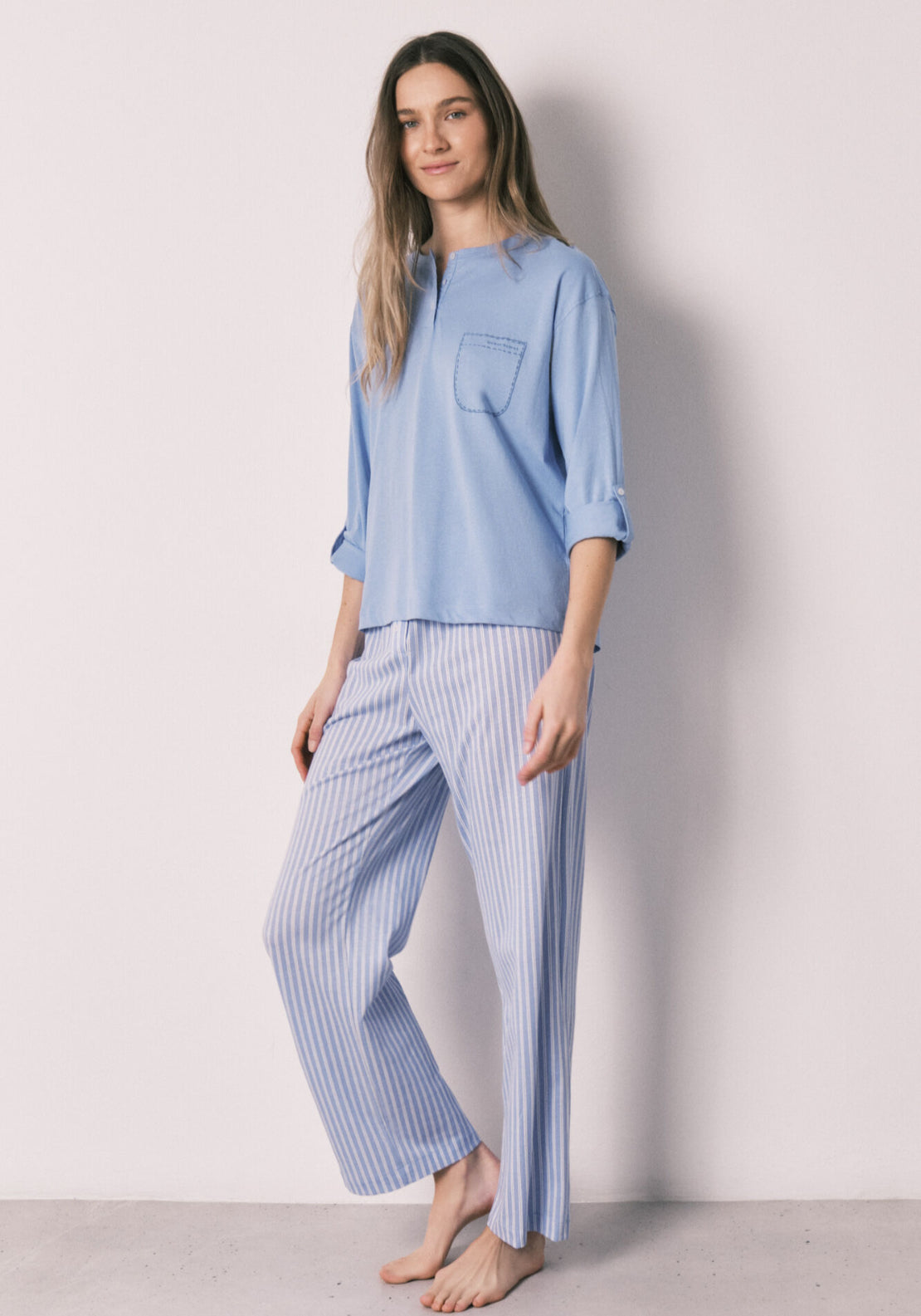 Cotton Striped Long Pyjamas - Blue
