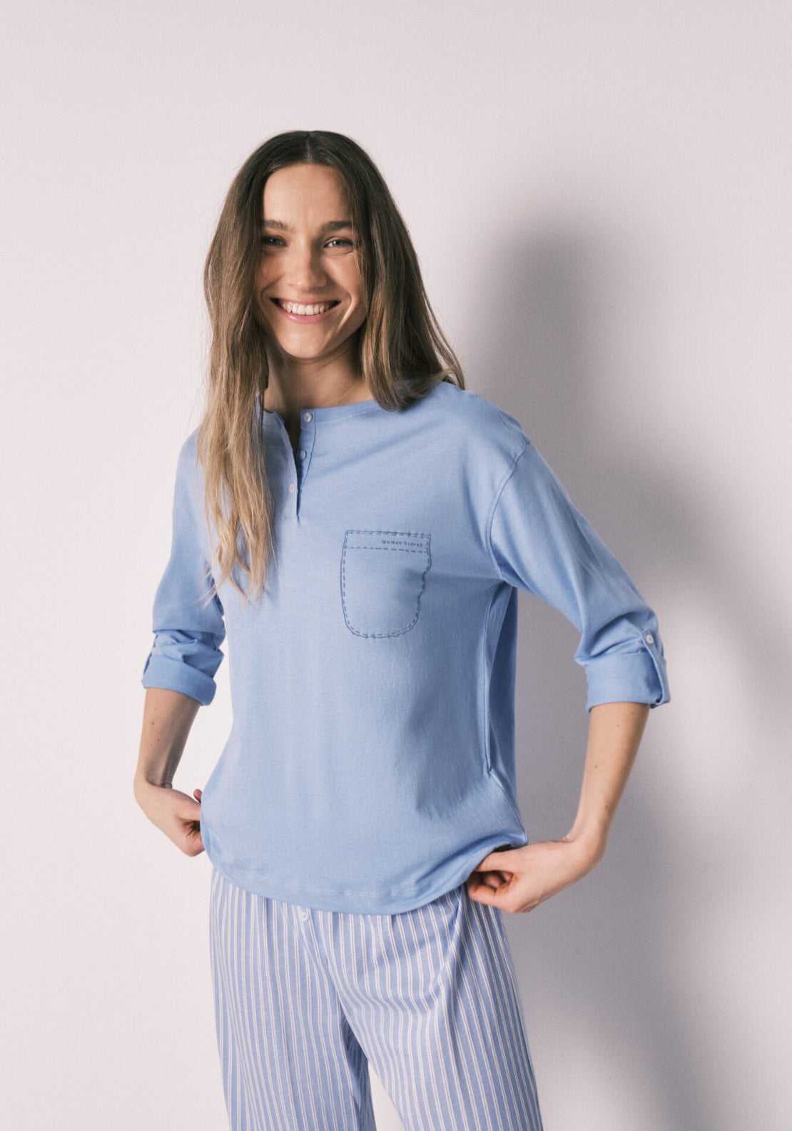 Cotton Striped Long Pyjamas - Blue