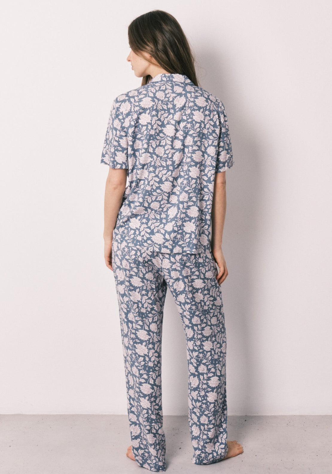 100% Viscose Floral Print Classic Pyjamas - Blue