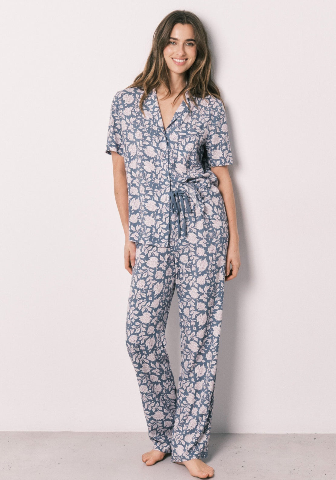 100% Viscose Floral Print Classic Pyjamas - Blue