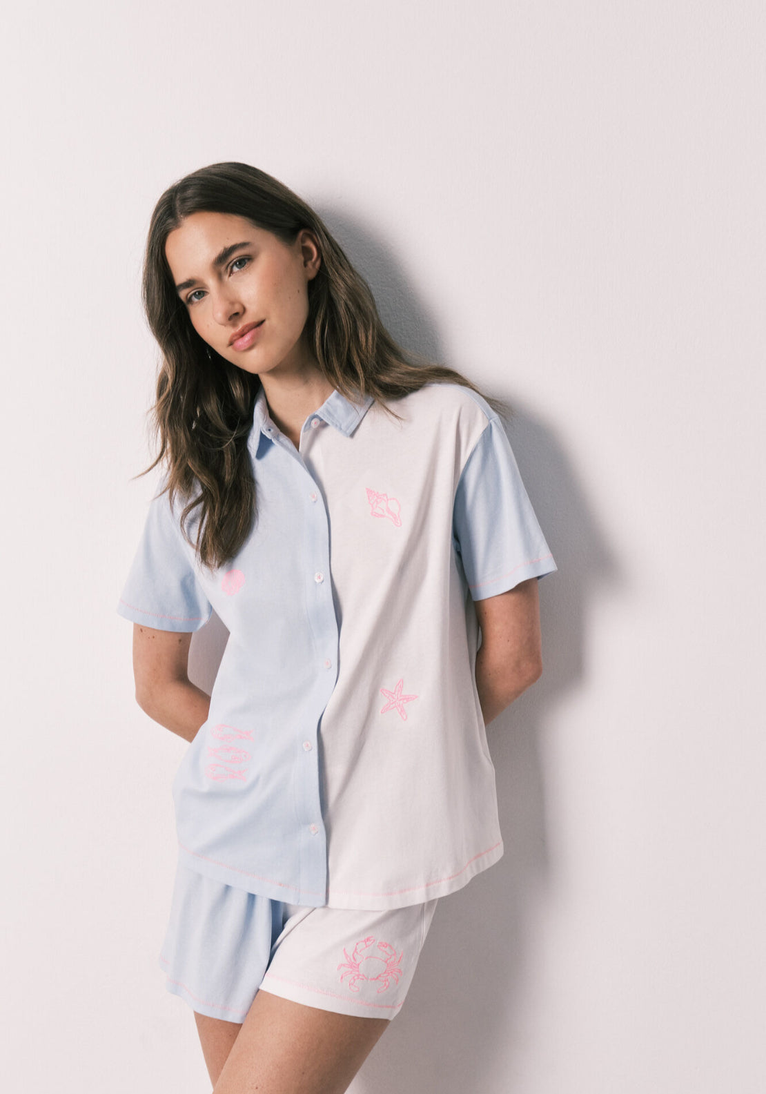 Cotton Short Classic Pyjamas With Knot - Blue