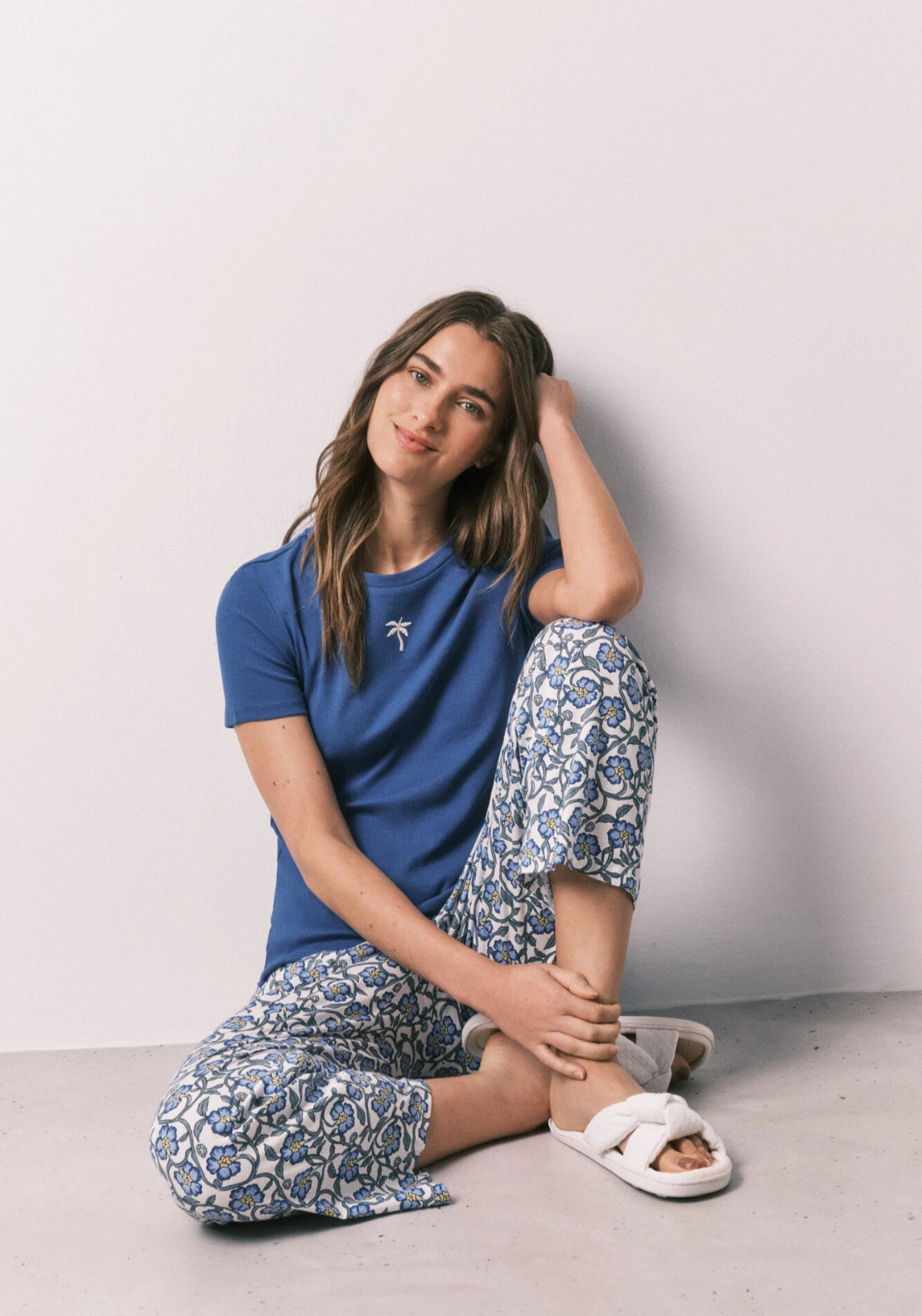 Printed Cotton Capri Pyjama Set - Blue