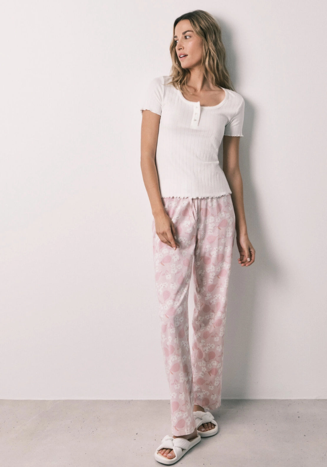 Cotton Short Sleeve Long Pyjama Set - White