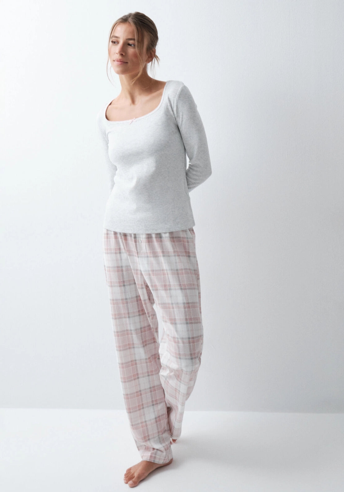 Plaid Cotton Long Pyjama Set - Grey / Silver