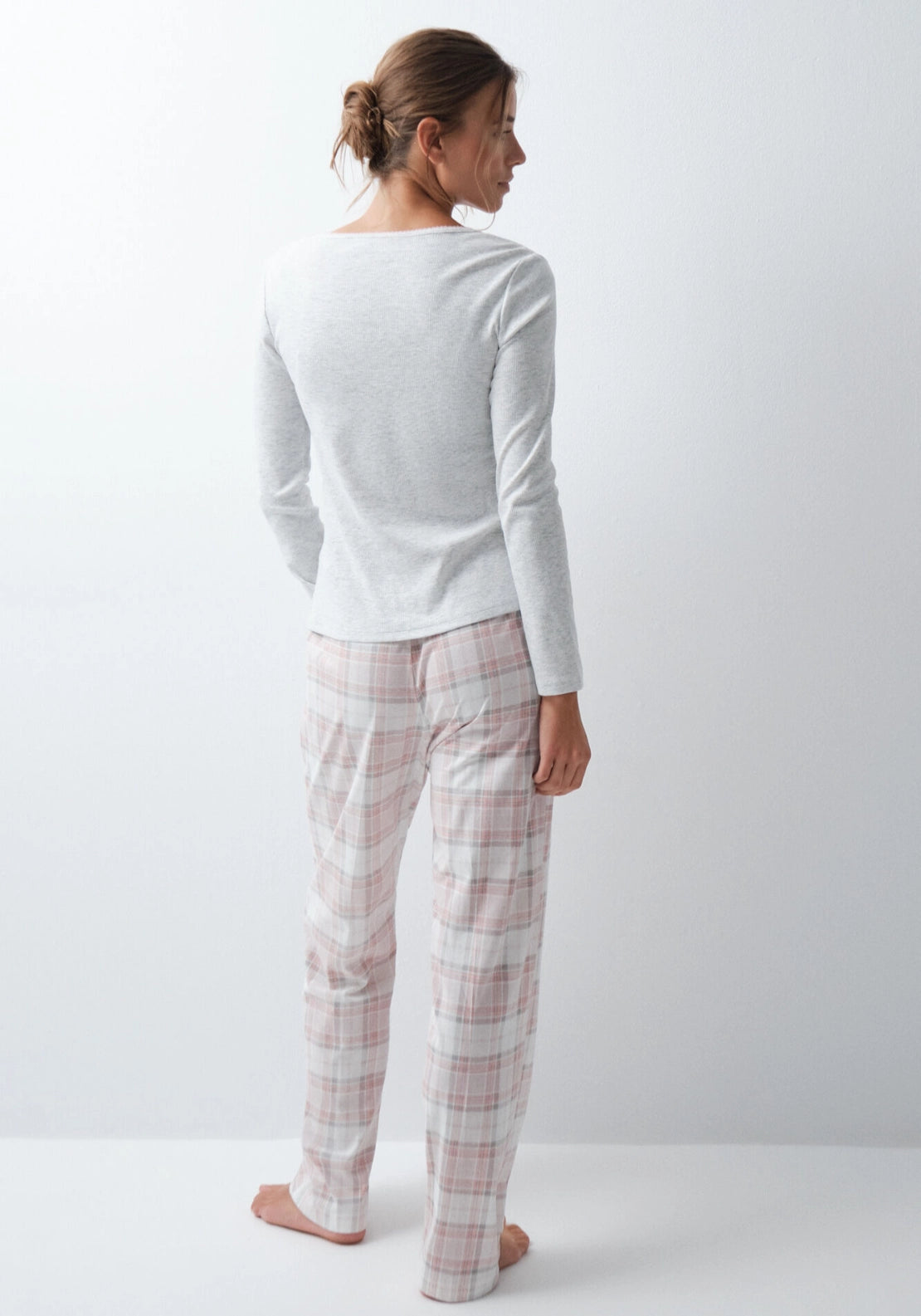 Plaid Cotton Long Pyjama Set - Grey / Silver