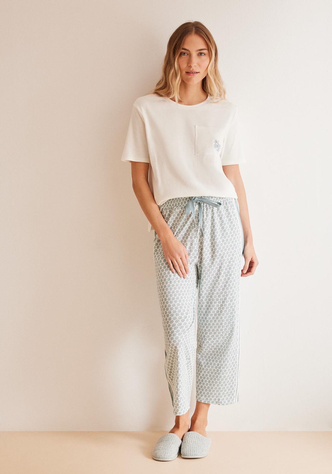 Womens Secret 100% cotton Capri pyjamas with a geometric print - Ivory 1 Shaws Department Stores