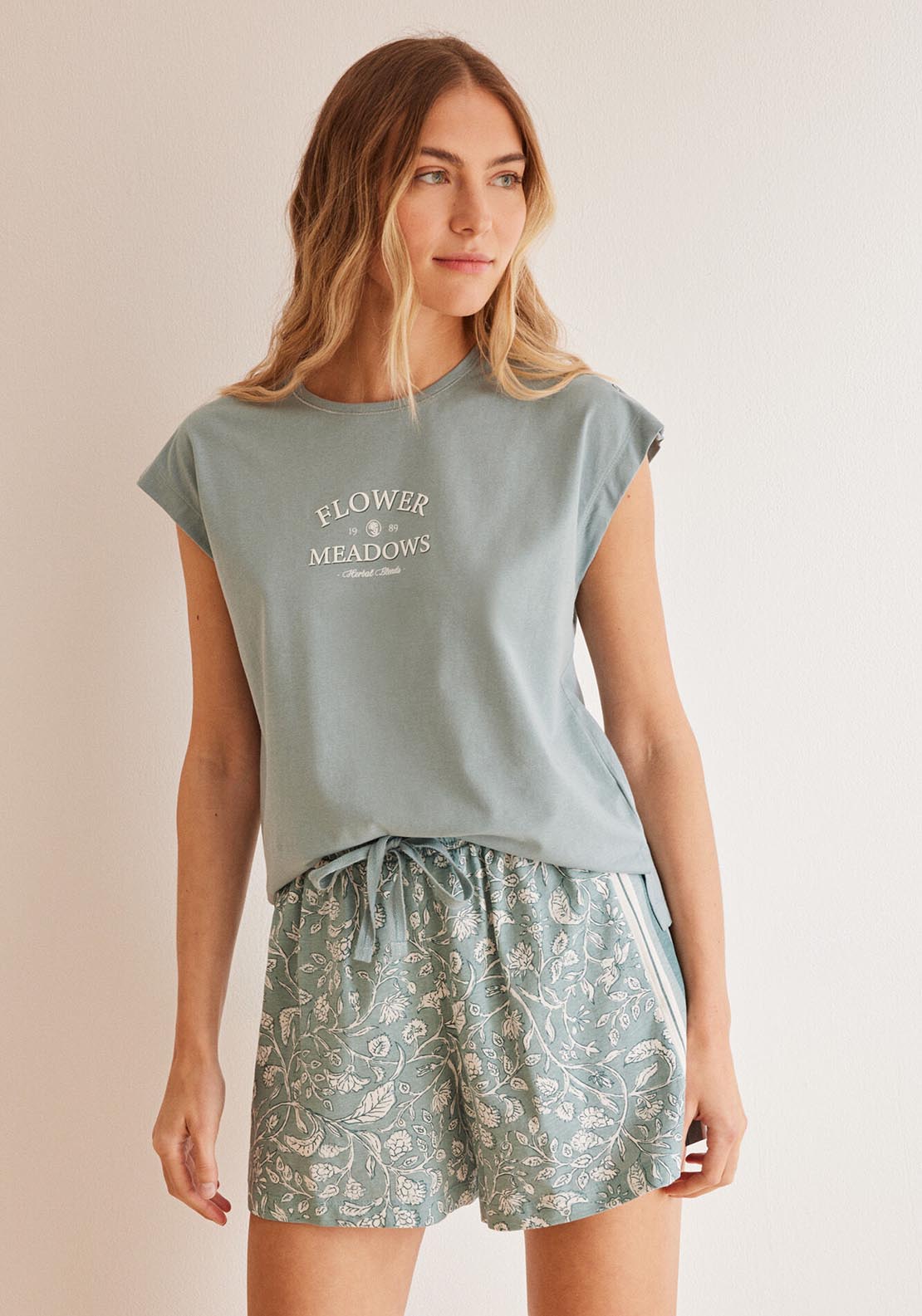 Womens Secret Blue floral print 100% cotton short pyjamas - Blue 1 Shaws Department Stores