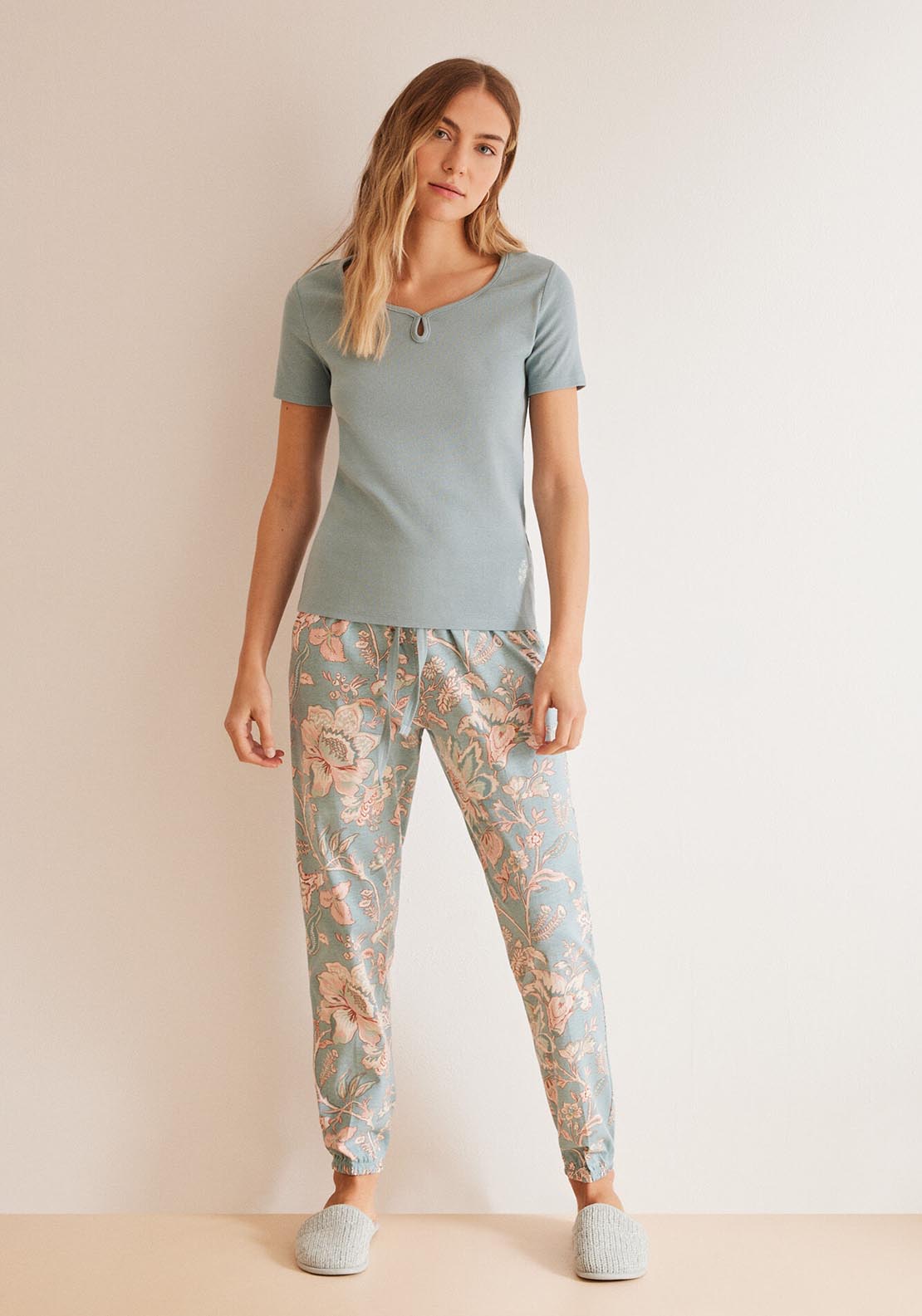 Womens Secret Blue pyjamas in 100% cotton with floral print bottoms - Blue 1 Shaws Department Stores