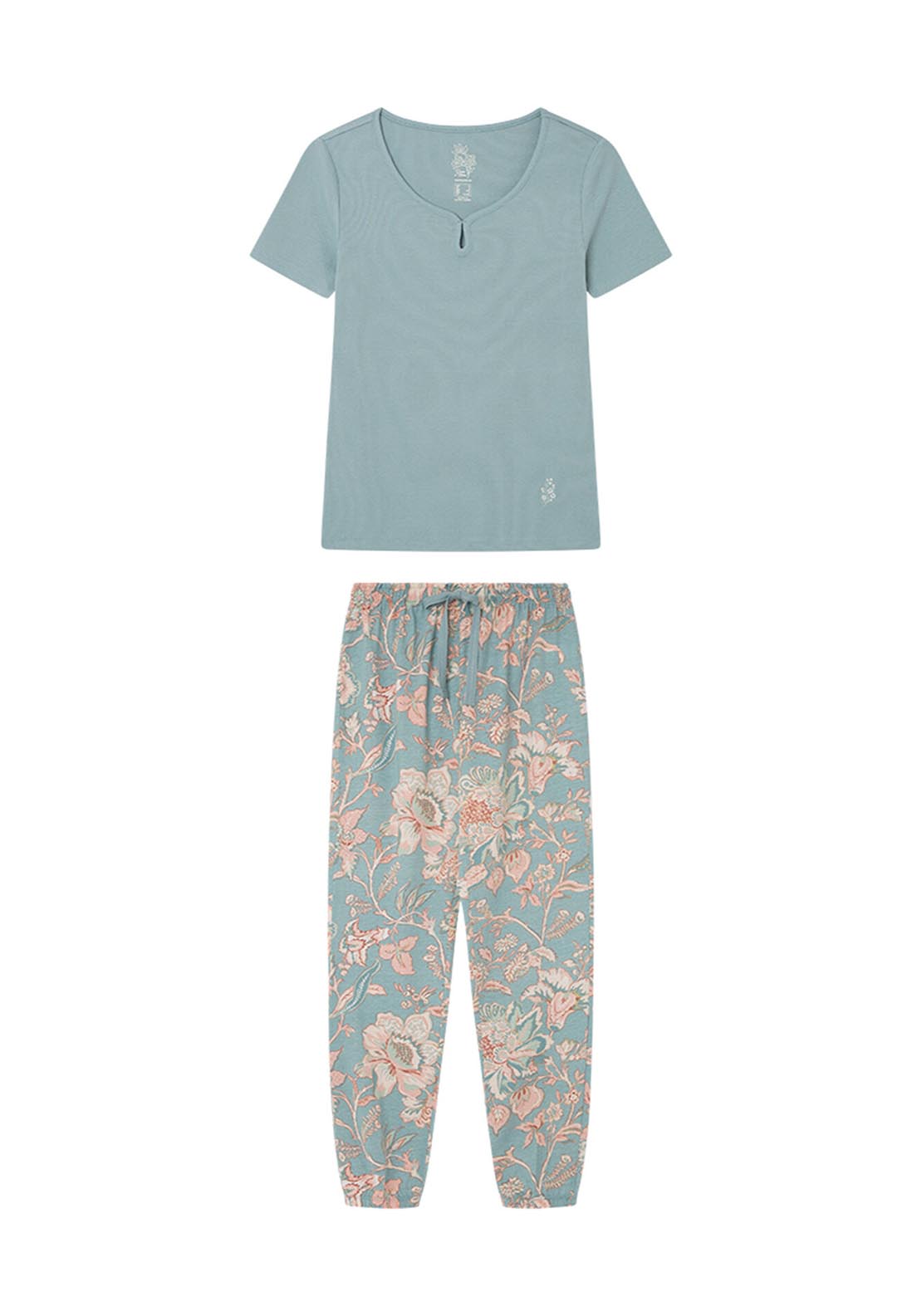 Womens Secret Blue pyjamas in 100% cotton with floral print bottoms - Blue 6 Shaws Department Stores