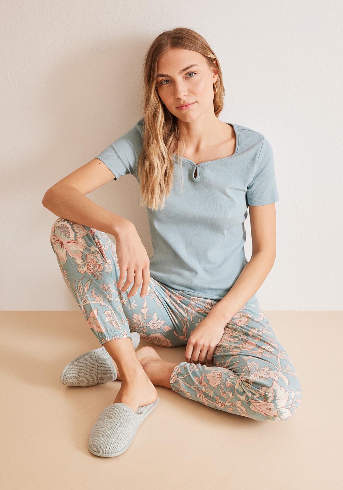 Womens Secret Blue pyjamas in 100% cotton with floral print bottoms - Blue 4 Shaws Department Stores