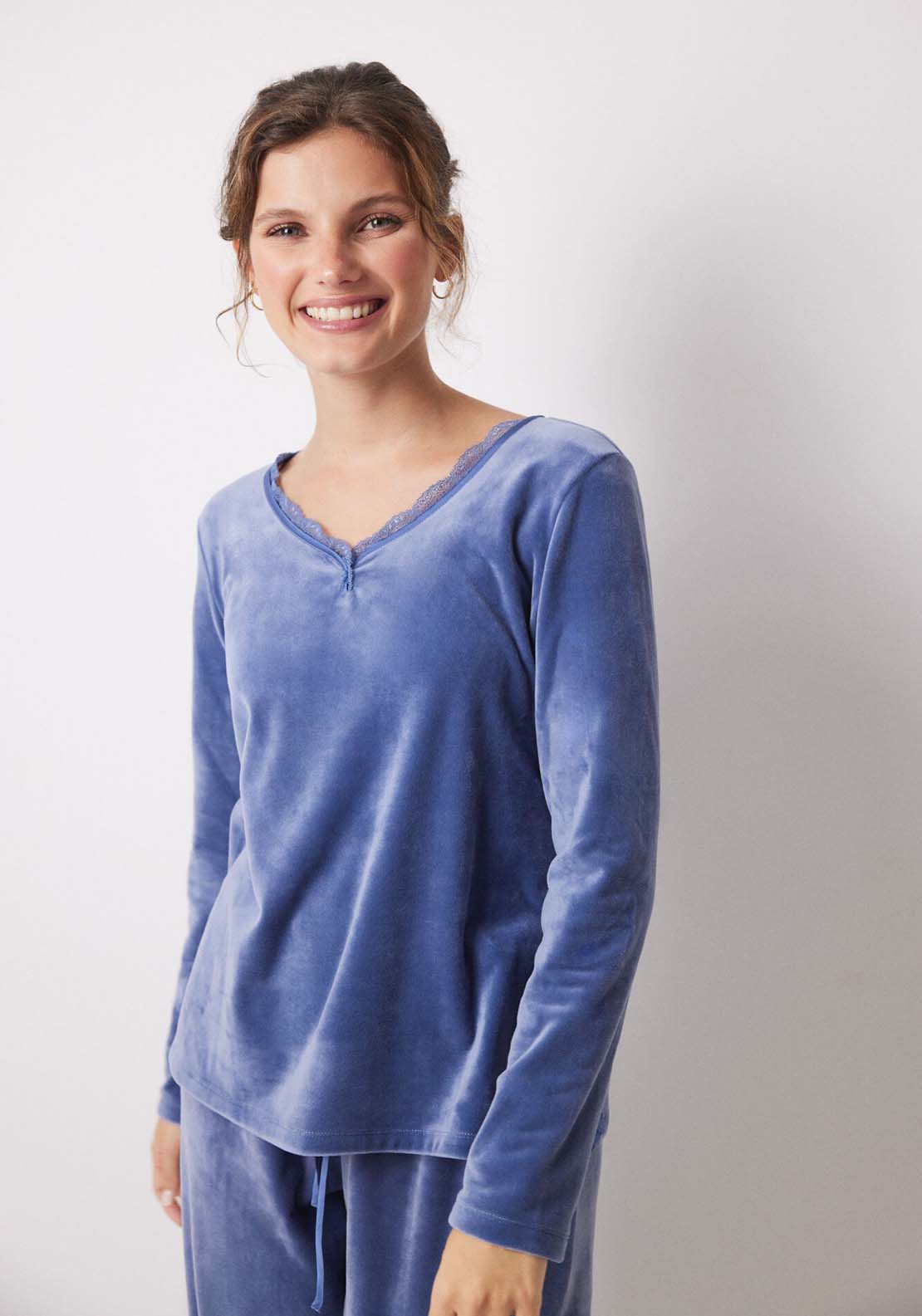 Long blue soft touch velvet pajamas Blue Shaws Department Stores
