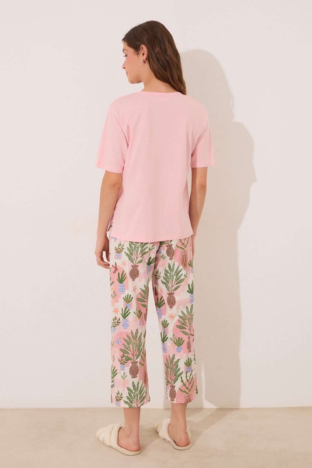 Womensecret Capri pyjamas 100% cotton pink flower pots - Pink 6 Shaws Department Stores