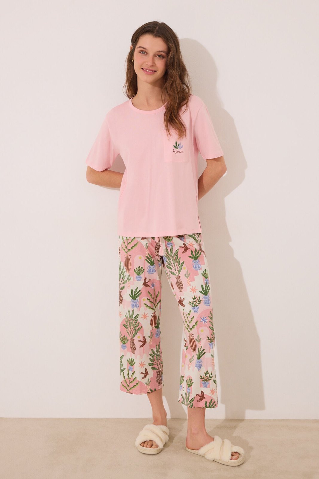 Womensecret Capri pyjamas 100% cotton pink flower pots - Pink 1 Shaws Department Stores