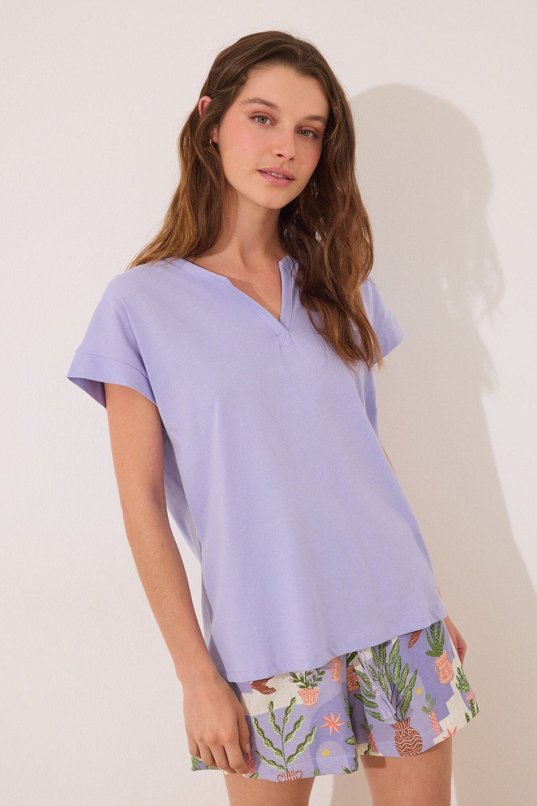 Womensecret 100% cotton short pyjamas , lilac flower pots - Purple 3 Shaws Department Stores