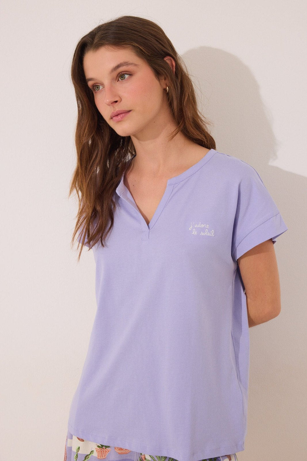 Womensecret 100% cotton short pyjamas , lilac flower pots - Purple 4 Shaws Department Stores