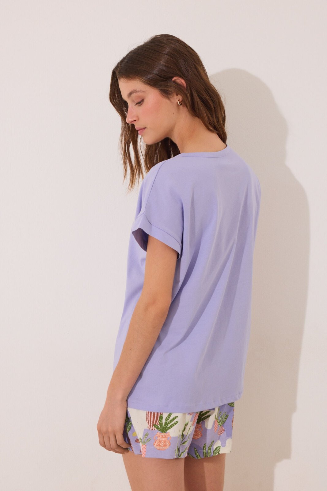 Womensecret 100% cotton short pyjamas , lilac flower pots - Purple 6 Shaws Department Stores