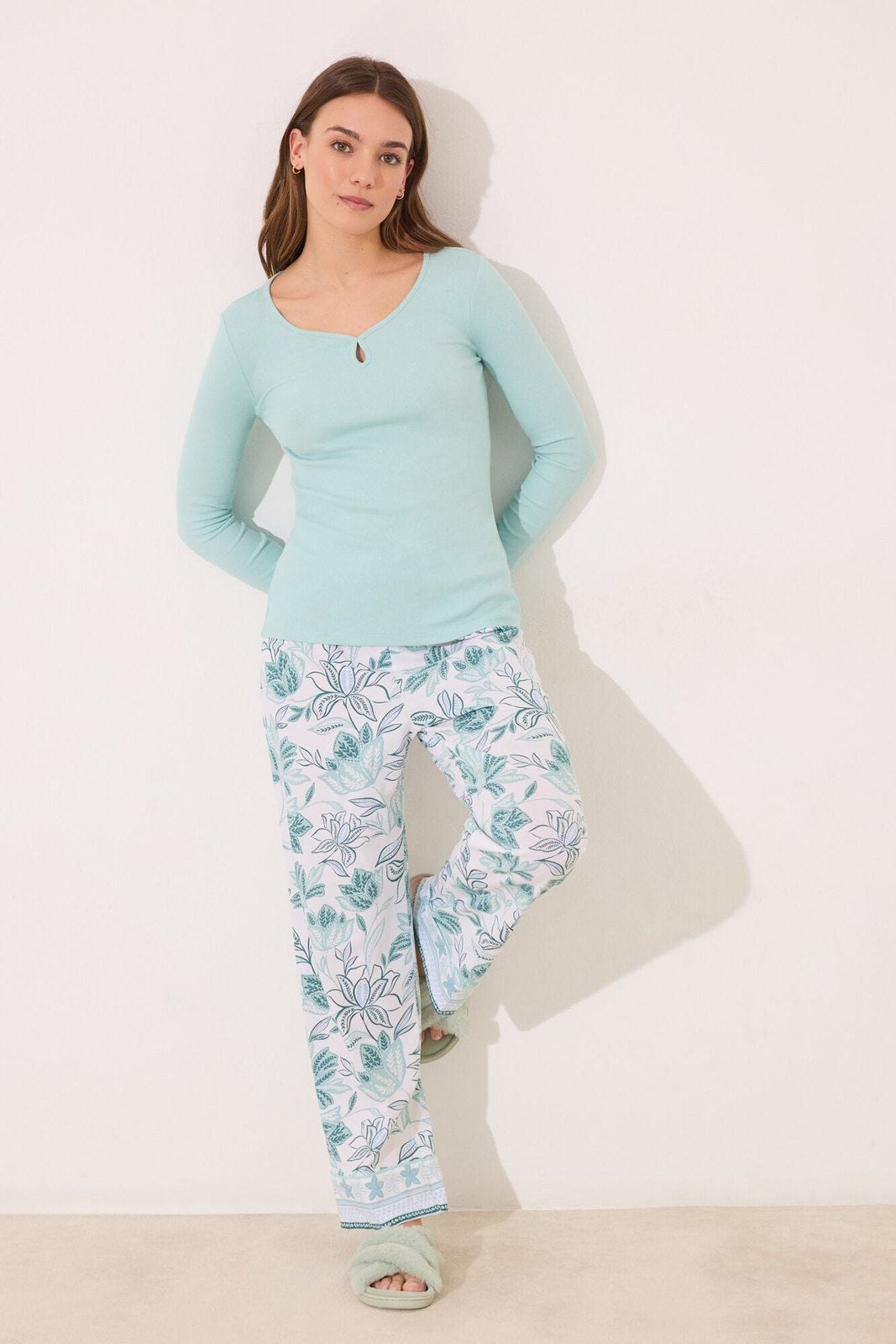 Womensecret Turquoise green long pyjamas with flowers - Green 2 Shaws Department Stores