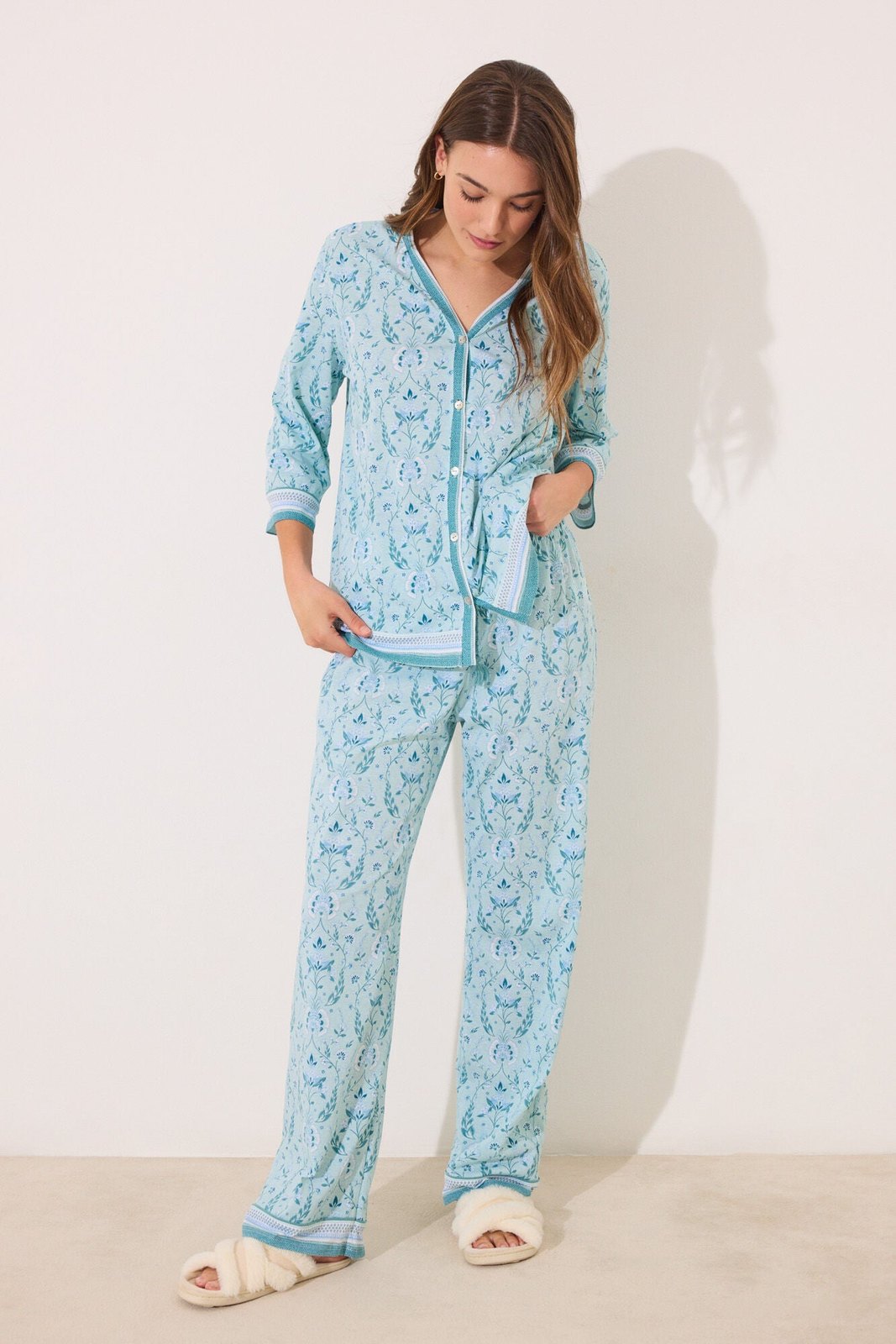 Womensecret 100% cotton green flower print pyjamas - Green 2 Shaws Department Stores