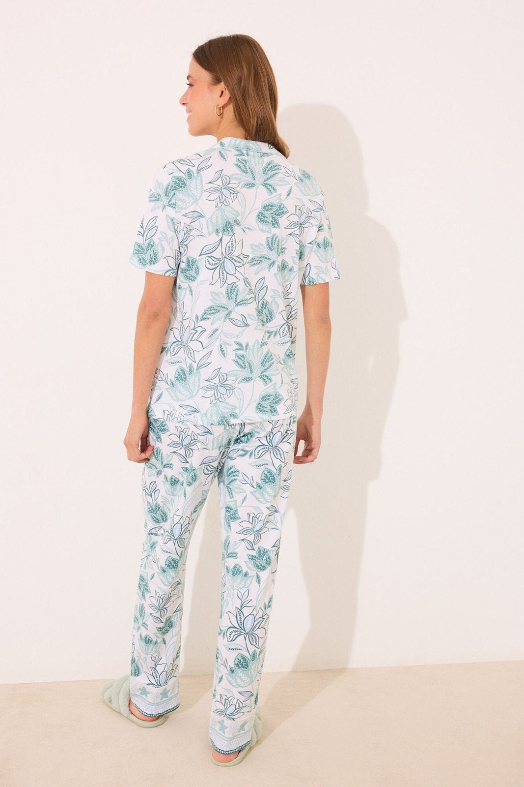 Womensecret 100% cotton classic pyjamas with green flowers - White 5 Shaws Department Stores
