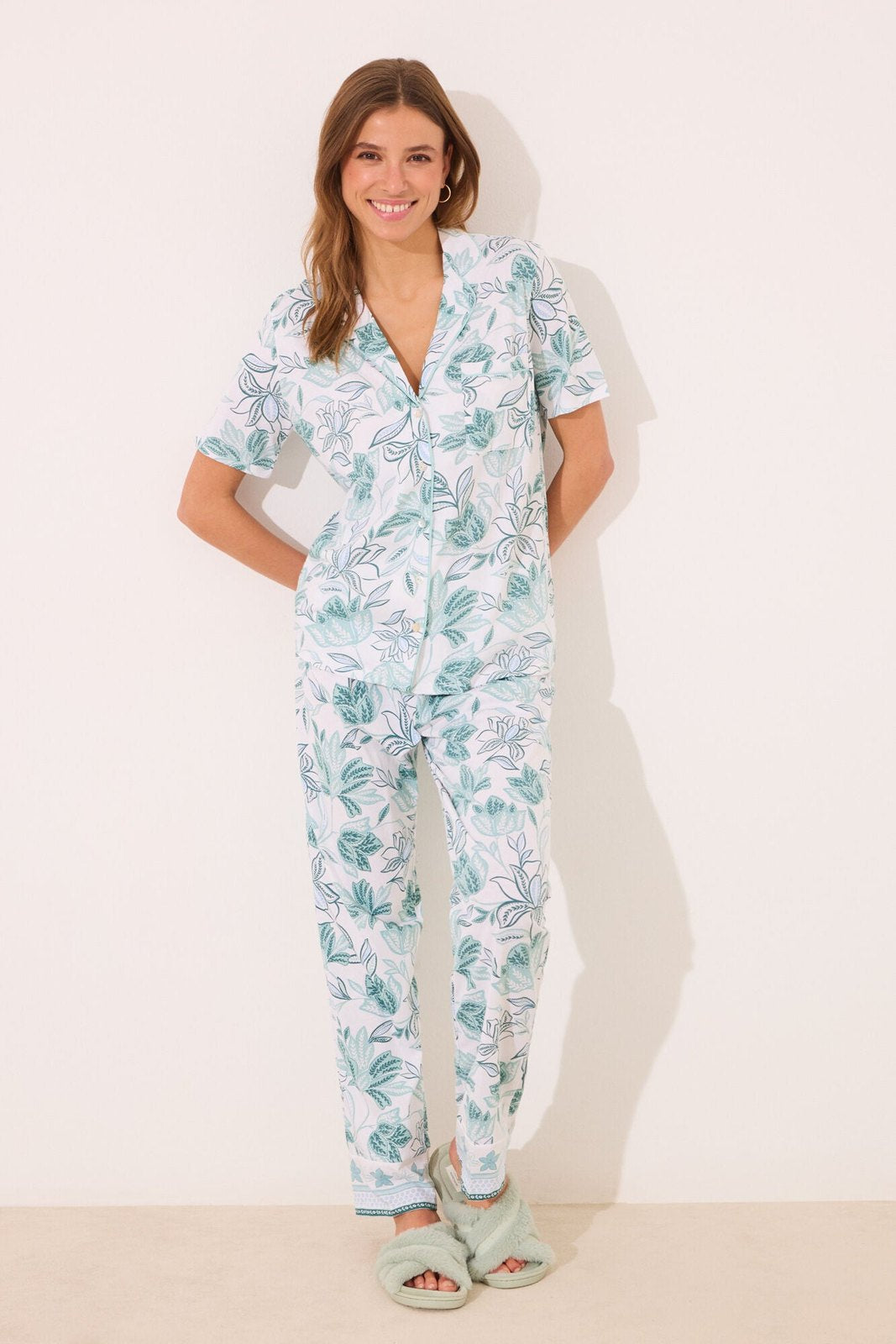 Womensecret 100% cotton classic pyjamas with green flowers - White 1 Shaws Department Stores