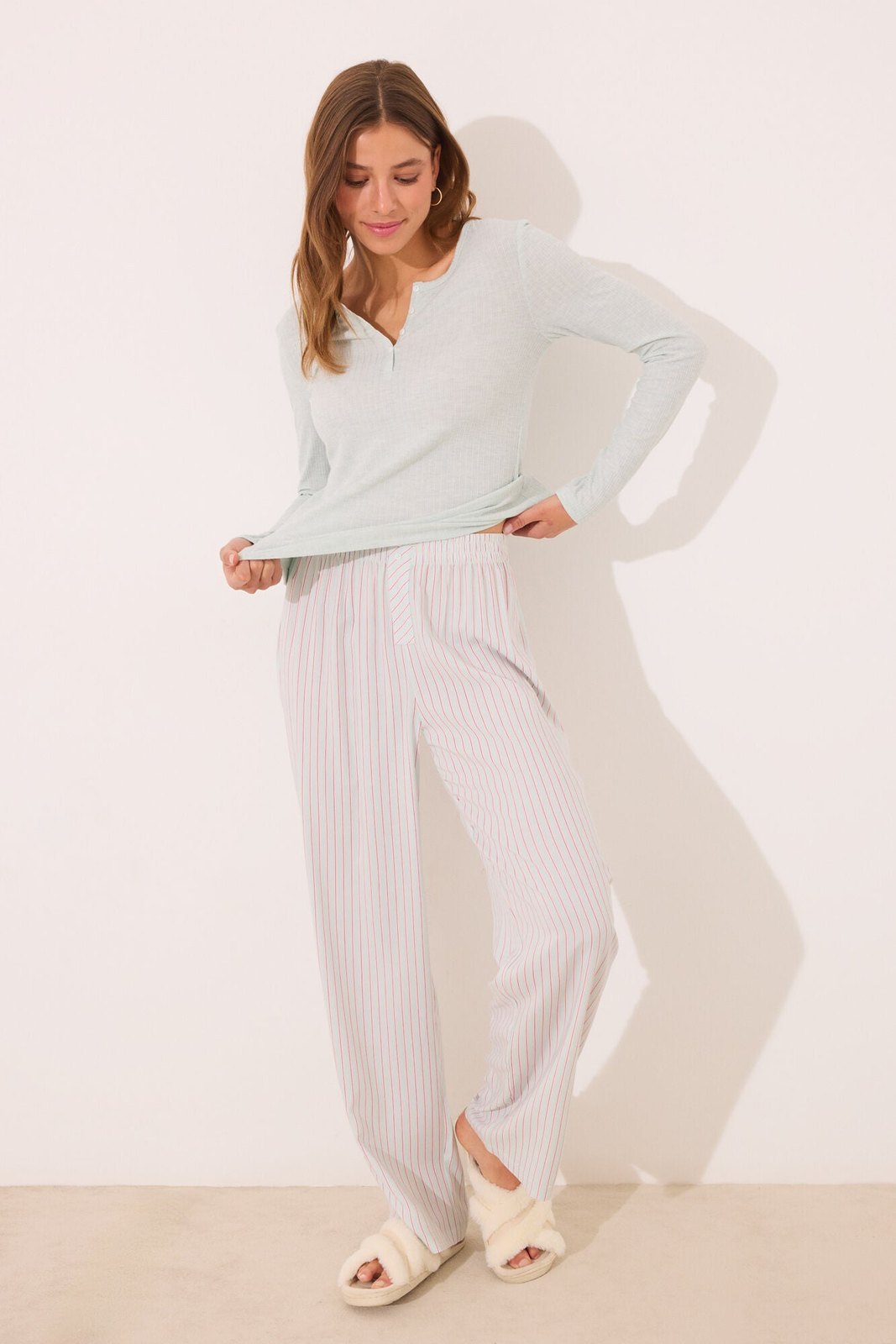 Womensecret Long pyjamas with green striped - Green 1 Shaws Department Stores