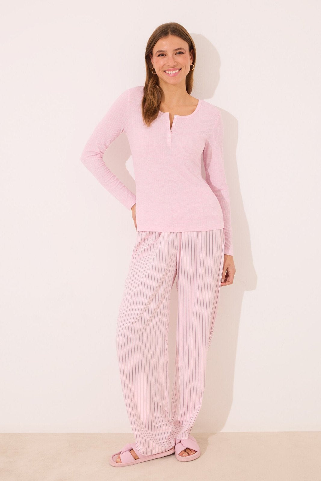 Womensecret Long striped striped viscose ribbed long pyjamas - Pink 2 Shaws Department Stores