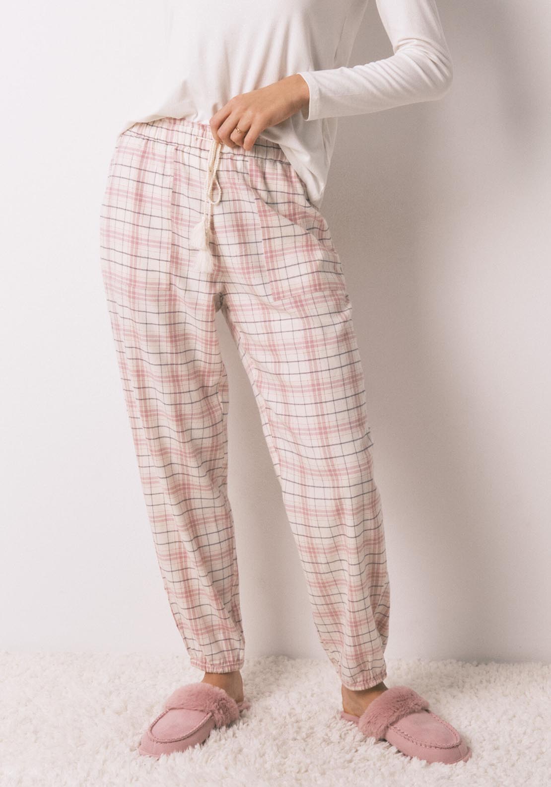 Plaid Print Flannel Long Trouser - Pink