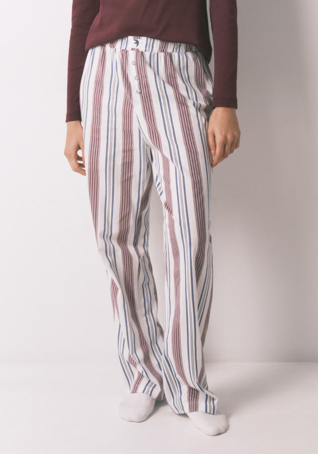 100% Cotton Striped Long Trousers - Maroon Print