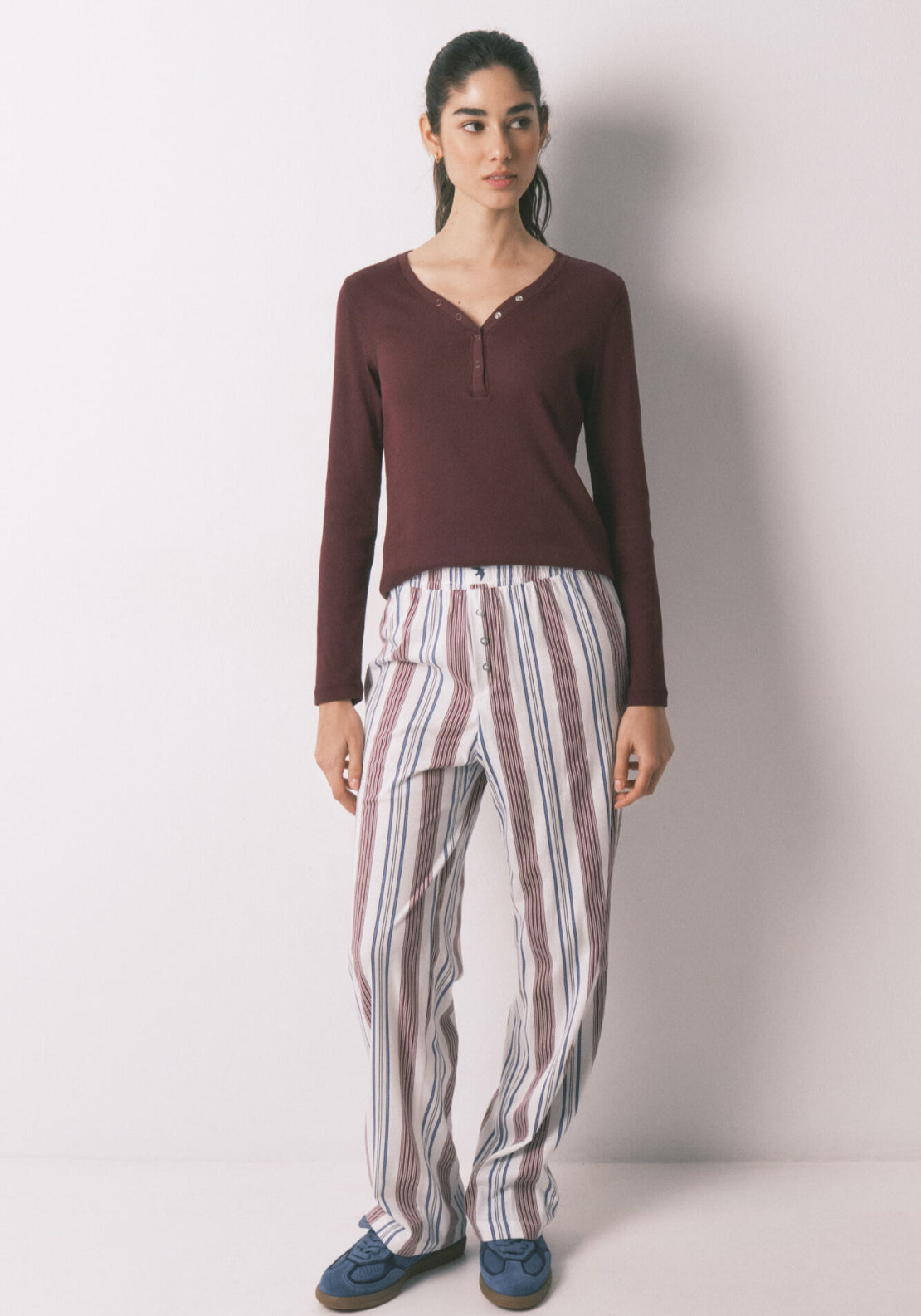 100% Cotton Striped Long Trousers - Maroon Print
