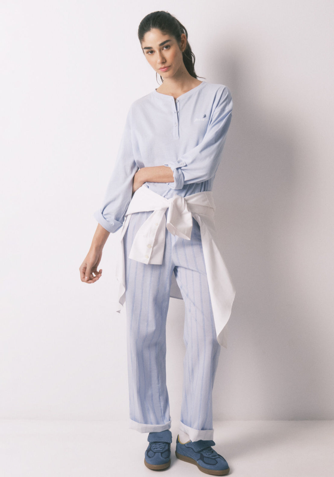 100% Cotton Striped Long Trousers - Blue