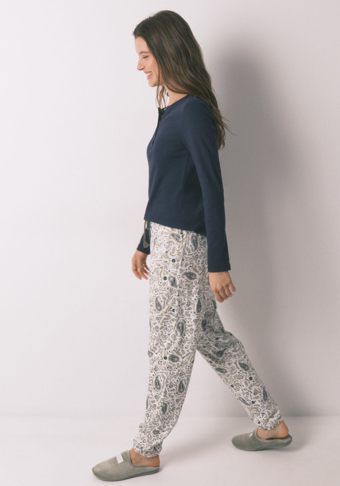 100% Cotton Paisley Print Long Trousers - Green