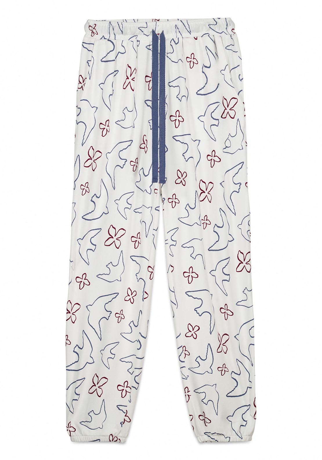 Bird Print Long Trousers - White