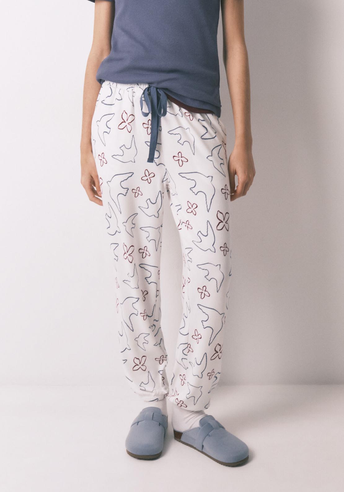 Bird Print Long Trousers - White