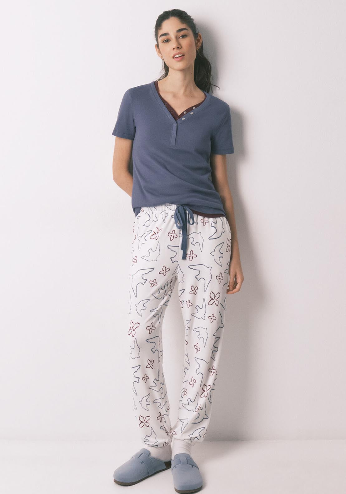 Bird Print Long Trousers - White