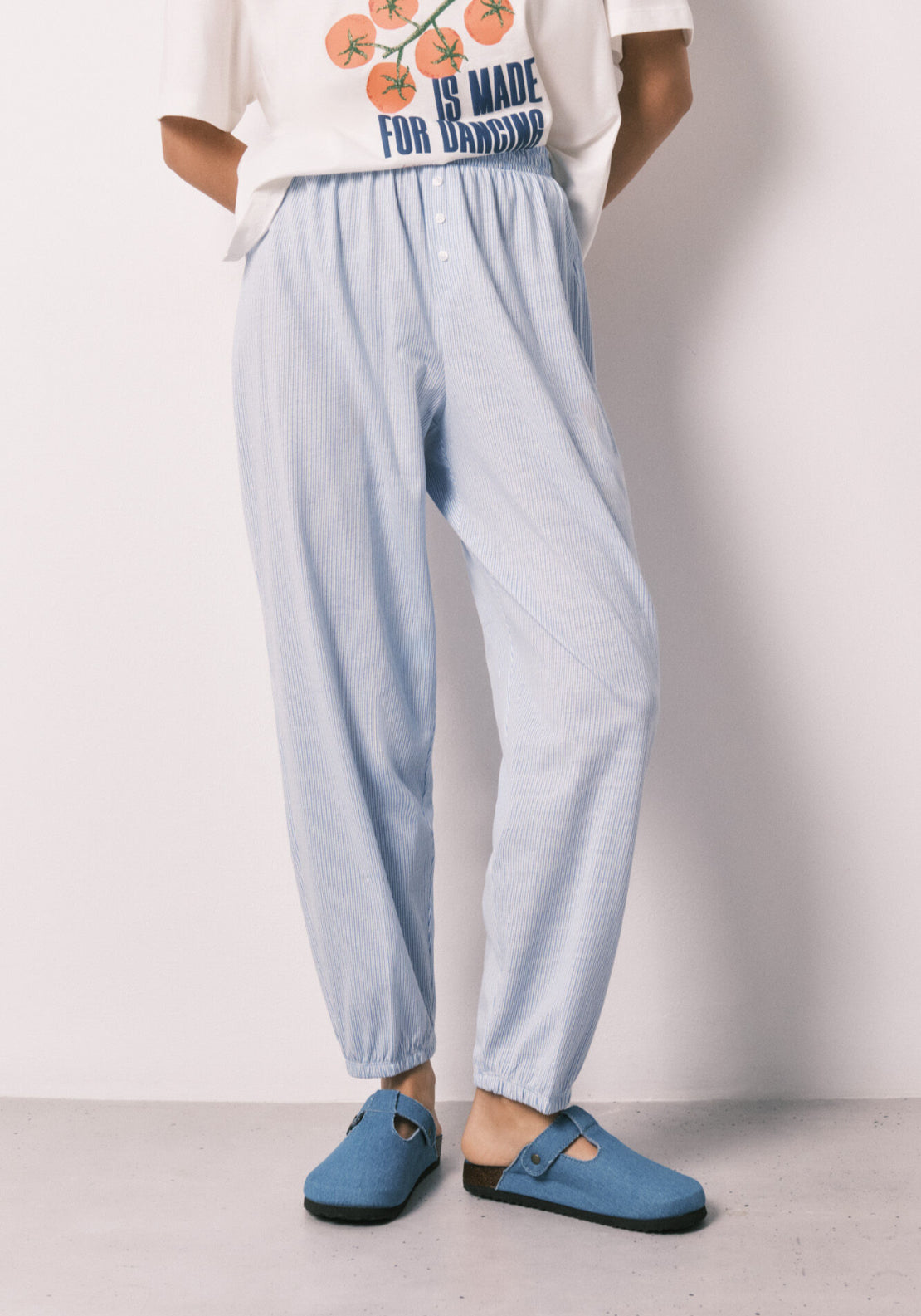 Striped 100% Cotton Carrot Trousers - Blue