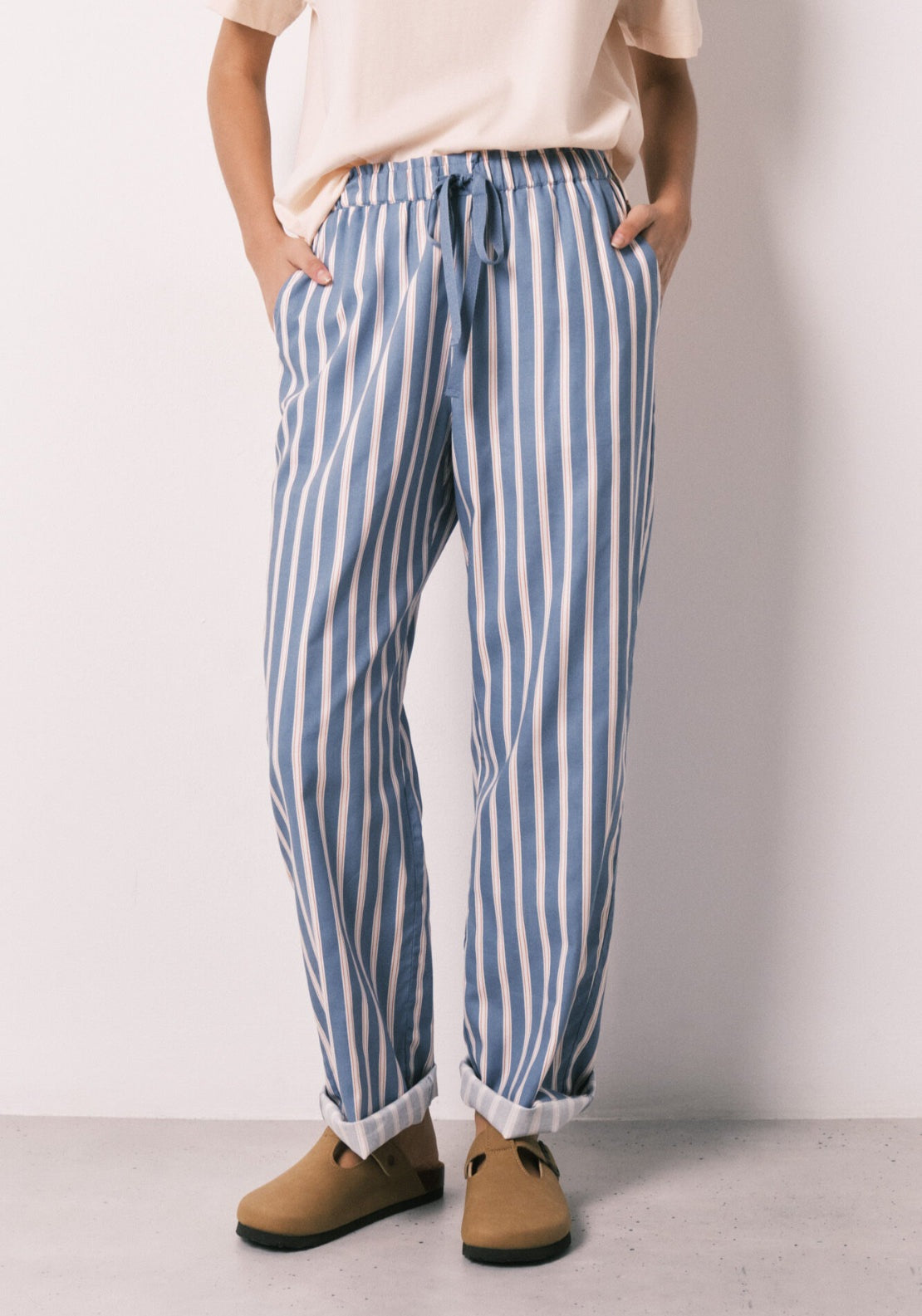 Striped Viscose Long Trousers - Blue