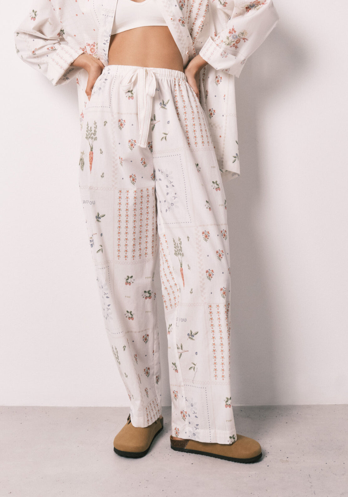 Floral Print 100% Cotton Long Trousers - White