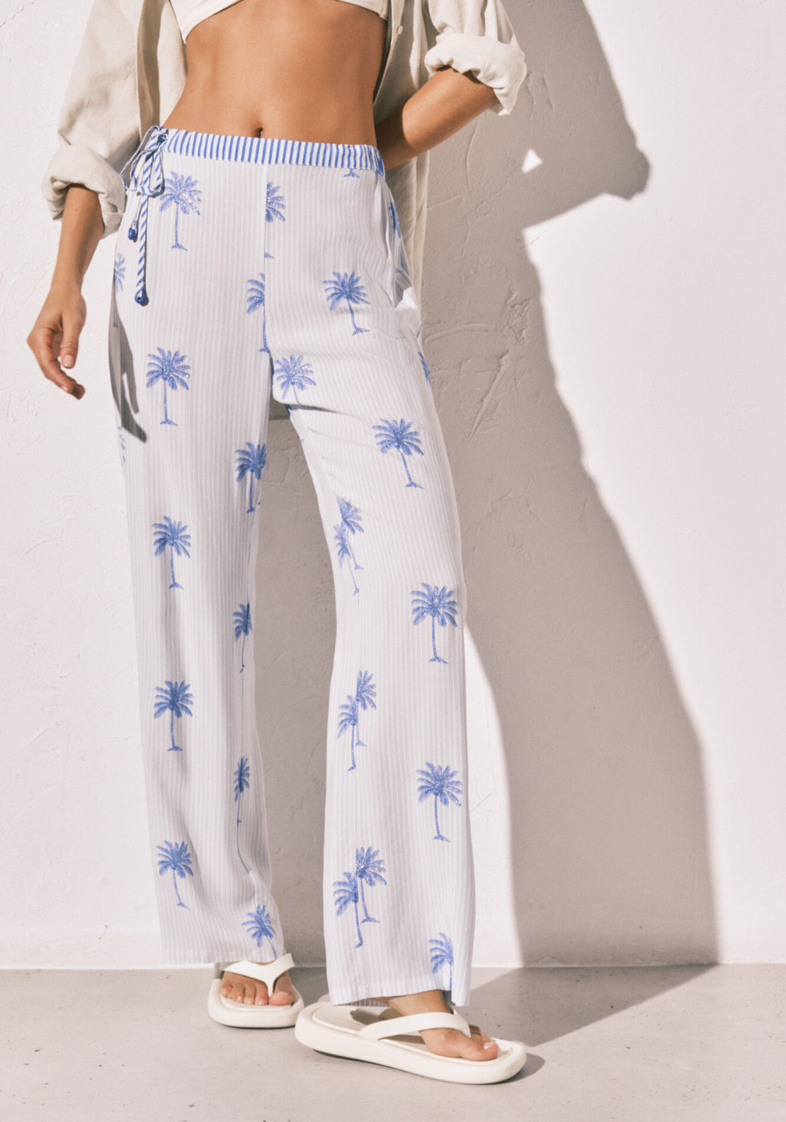 Palm Print Striped Long Trousers - Blue