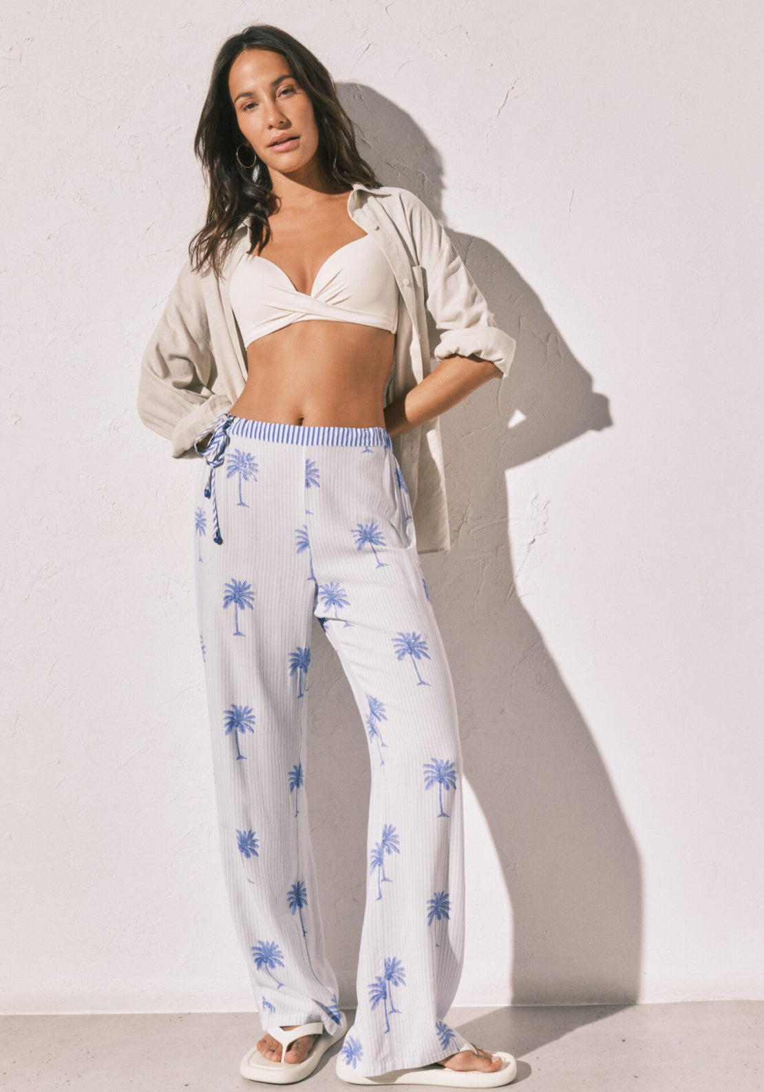 Palm Print Striped Long Trousers - Blue