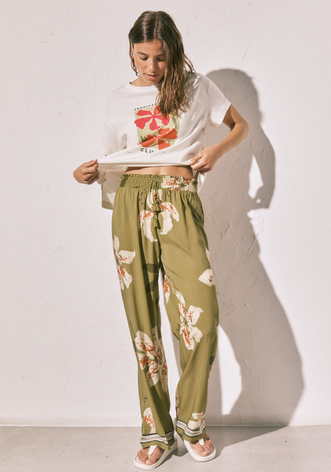 Floral Print Long Trousers - Green