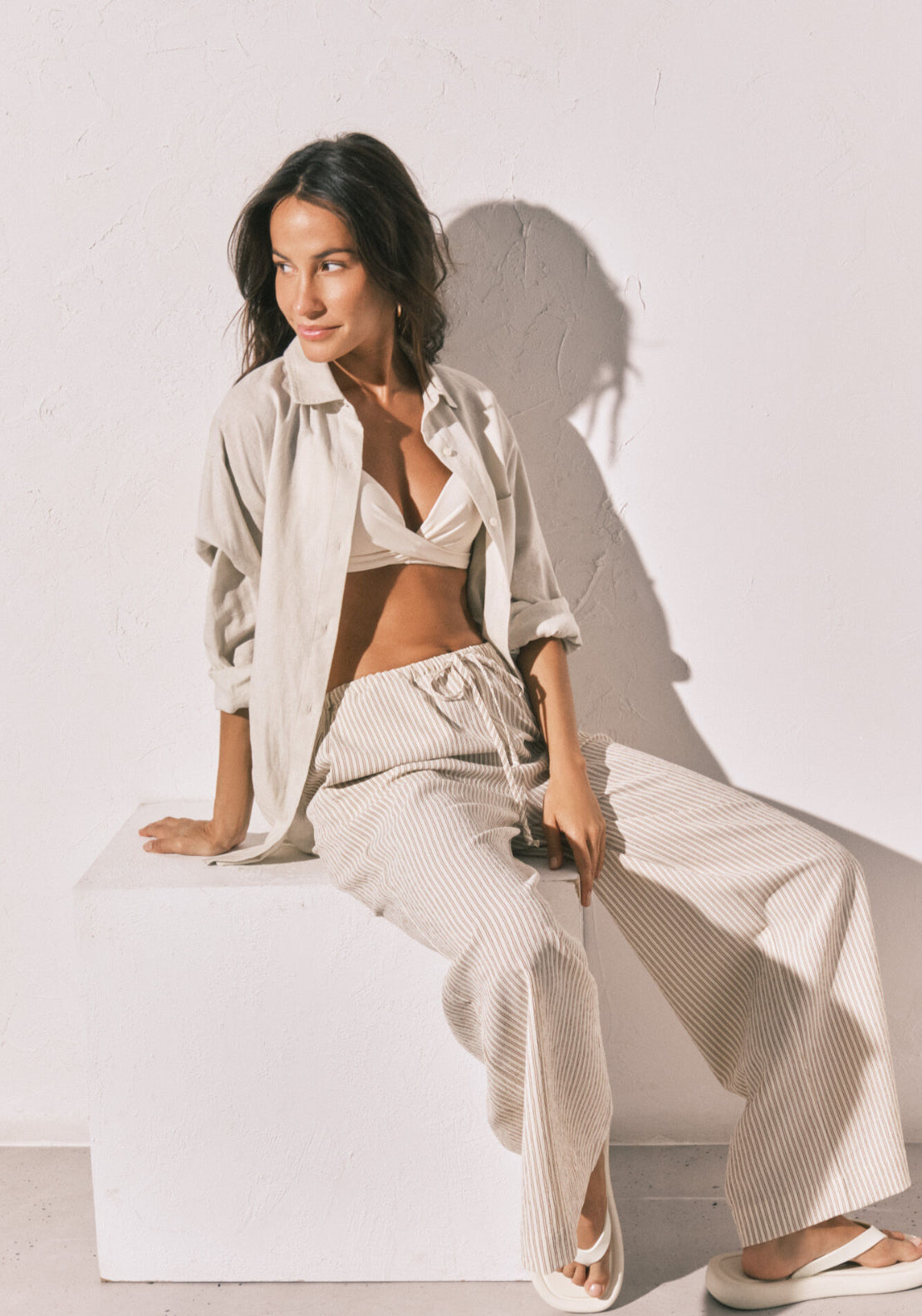 Flared Long Print Trousers - White